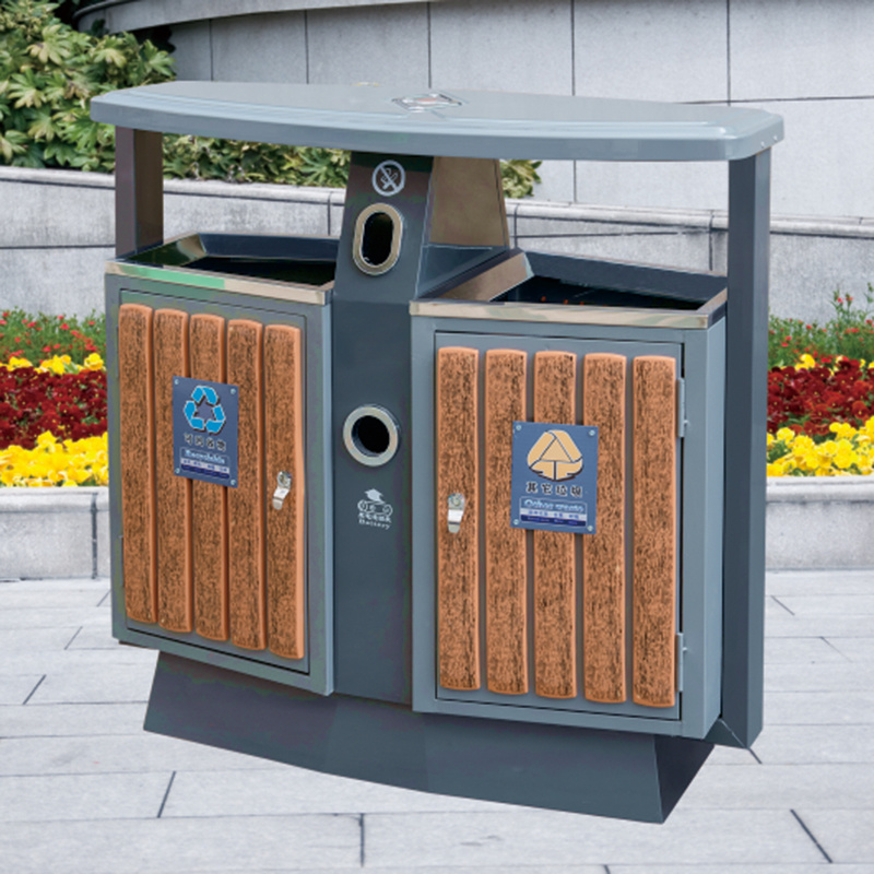 Steel and wood trash cans